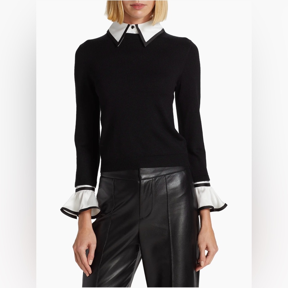 Alice + Olivia Black Sweater with White Contrast Collar and Cuff Details - Picture 3 of 9